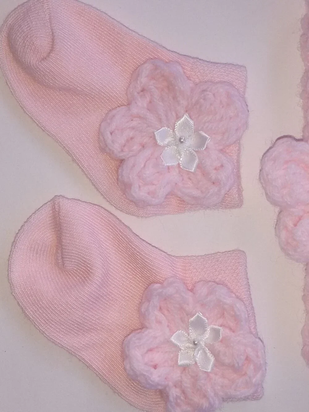 Handmade Crochet Baby Girl Dress Set 0-3 Months, Pink & White Outfit & headband